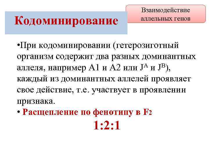 Взаимодействием генов называется. Кодоминирование типы взаимодействия. Биология генетика кодоминирование. Кодоминирование аллельные или неаллельные. Кодоминирование – вид взаимодействия аллельных генов, при котором.