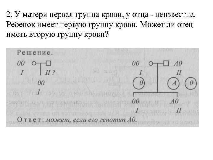 2. У матери первая группа крови, у отца - неизвестна. Ребенок имеет первую группу