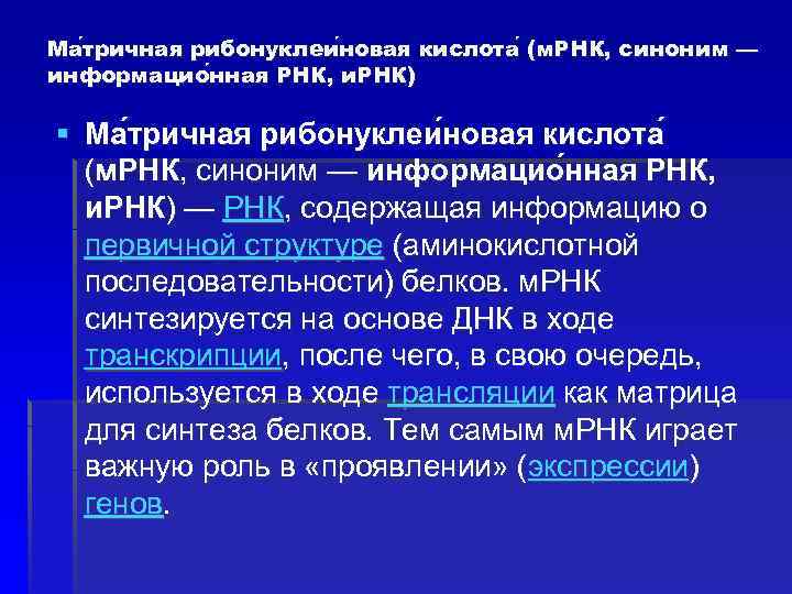 Ма тричная рибонуклеи новая кислота (м. РНК, синоним — тричная новая информацио нная РНК,