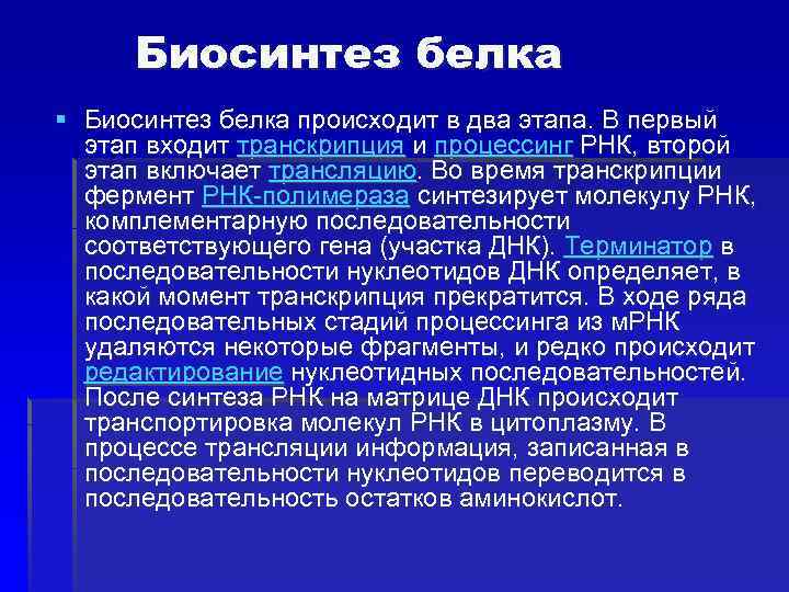 Биосинтез белка § Биосинтез белка происходит в два этапа. В первый этап входит транскрипция