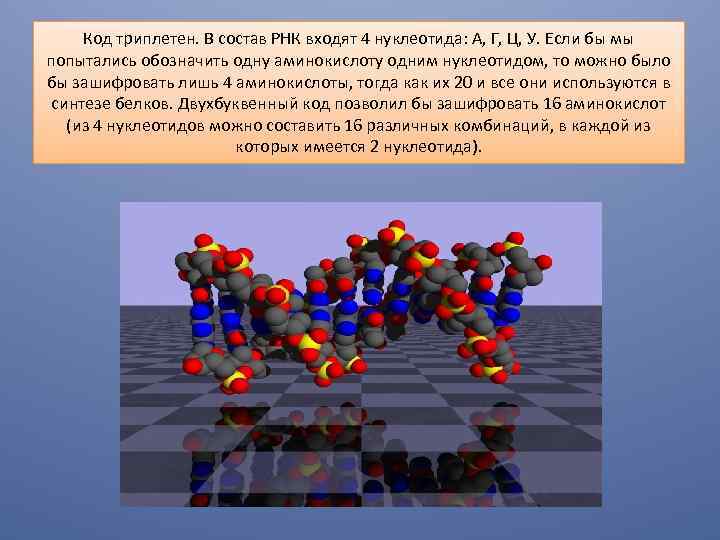Код триплетен. В состав РНК входят 4 нуклеотида: А, Г, Ц, У. Если бы