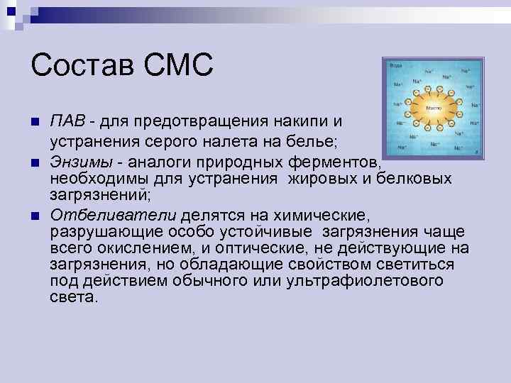 Состав СМС n n n ПАВ - для предотвращения накипи и устранения серого налета