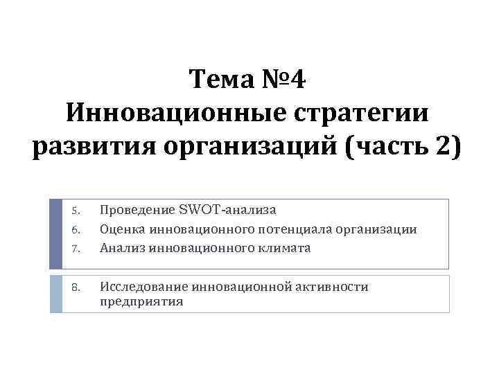 Тема № 4 Инновационные стратегии развития организаций (часть 2) 5. 6. 7. 8. Проведение