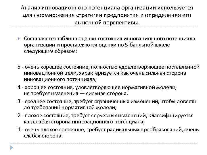 Анализ инновационного потенциала организации используется для формирования стратегии предприятия и определения его рыночной перспективы.