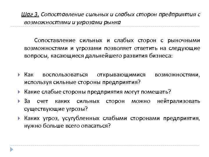 Шаг 3. Сопоставление сильных и слабых сторон предприятия с возможностями и угрозами рынка Сопоставление