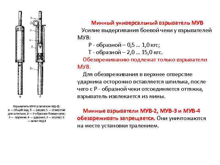  Минный универсальный взрыватель МУВ Усилие выдергивания боевой чеки у взрывателей МУВ: Р -