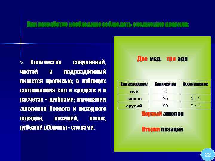 При разработке необходимо соблюдать следующие правила: Ø Количество частей и соединений, подразделений пишется прописью;
