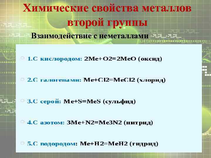 Химические свойства металлов второй группы Взаимодействие с неметаллами 