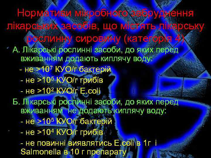 Нормативи мікробного забруднення лікарських засобів, що містять лікарську рослинну сировину (категорія 4) А. Лікарські