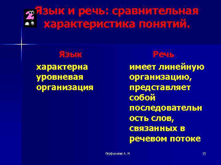 Язык и речь: сравнительная характеристика понятий. Язык характерна уровневая организация Речь имеет линейную организацию,