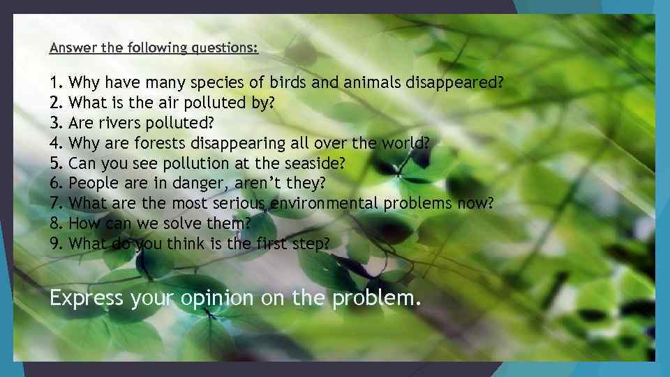 Answer the following questions: 1. Why have many species of birds and animals disappeared?