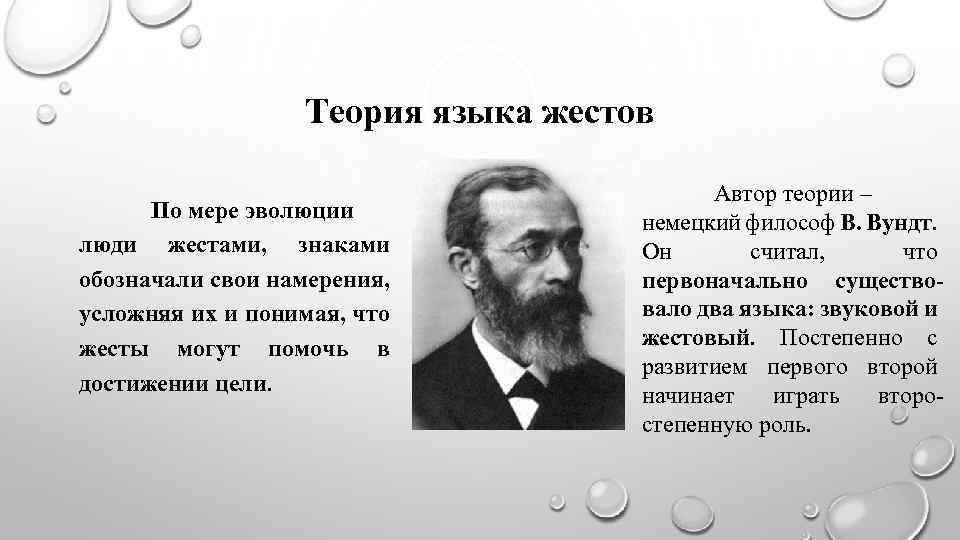 Теория языка жестов По мере эволюции люди жестами, знаками обозначали свои намерения, усложняя их