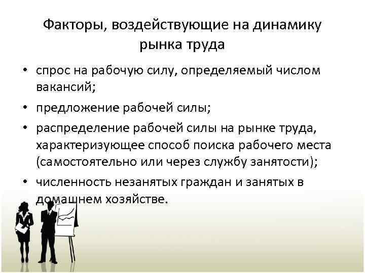 Факторы, воздействующие на динамику рынка труда • спрос на рабочую силу, определяемый числом вакансий;