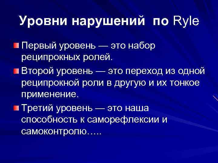 Уровни нарушений по Ryle Первый уровень — это набор реципрокных ролей. Второй уровень —