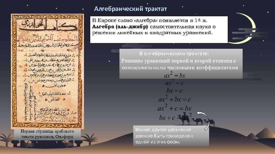 Алгебраический трактат В Европе слово «алгебра» появляется в 14 в. Алгебра (аль-джабр) самостоятельная наука