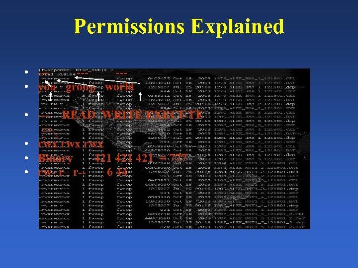 Permissions Explained • ------ • you group world • --- READ WRITE EXECUTE •