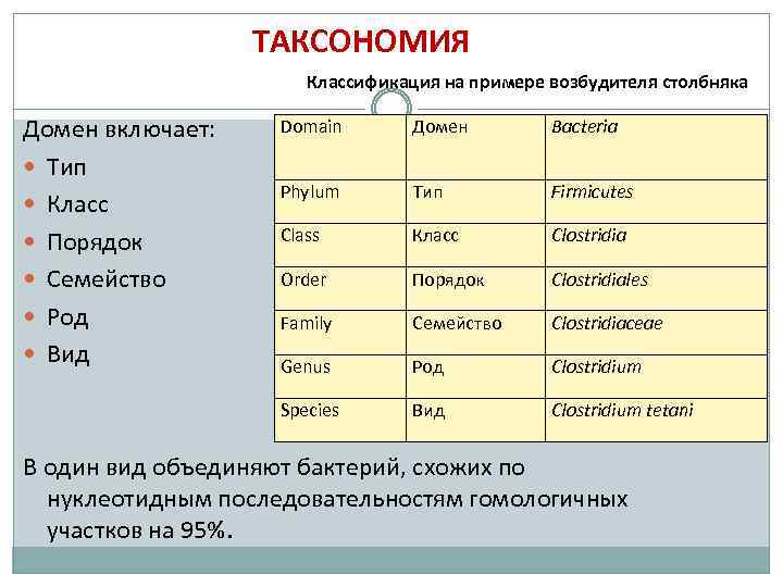 ТАКСОНОМИЯ Классификация на примере возбудителя столбняка Домен включает: Тип Класс Порядок Семейство Род Вид