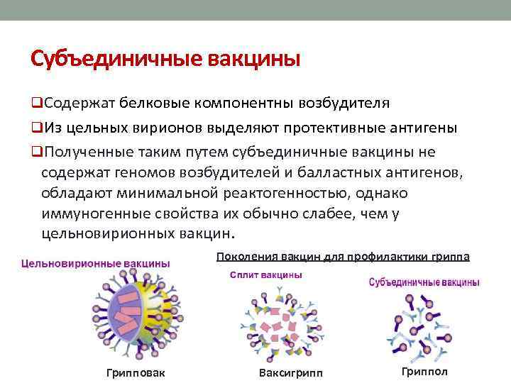 Субъединичные вакцины q. Содержат белковые компонентны возбудителя q. Из цельных вирионов выделяют протективные антигены