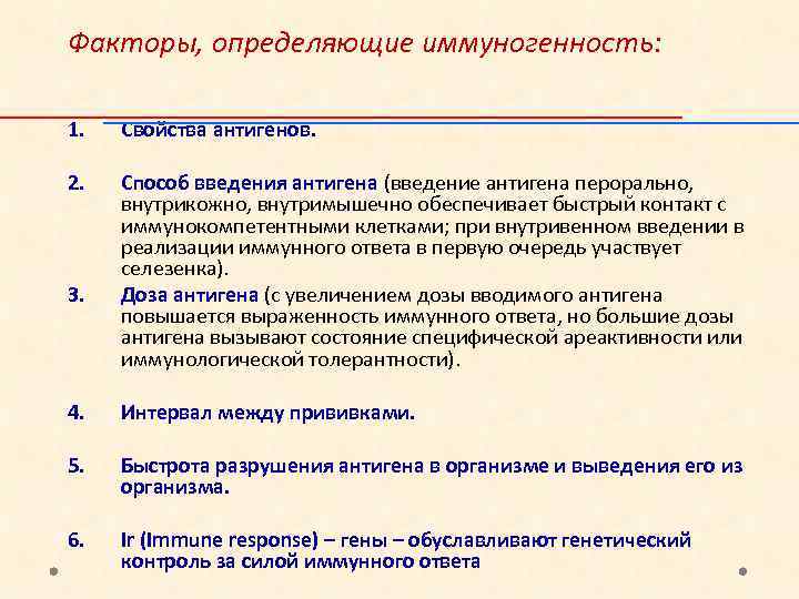 Факторы, определяющие иммуногенность: 1. Свойства антигенов. 2. Способ введения антигена (введение антигена перорально, внутрикожно,