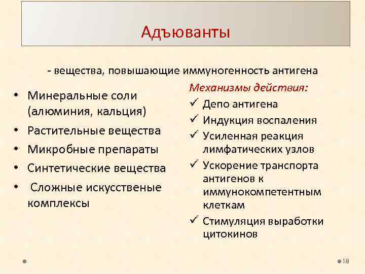 Адъюванты • • • вещества, повышающие иммуногенность антигена Механизмы действия: Минеральные соли ü Депо