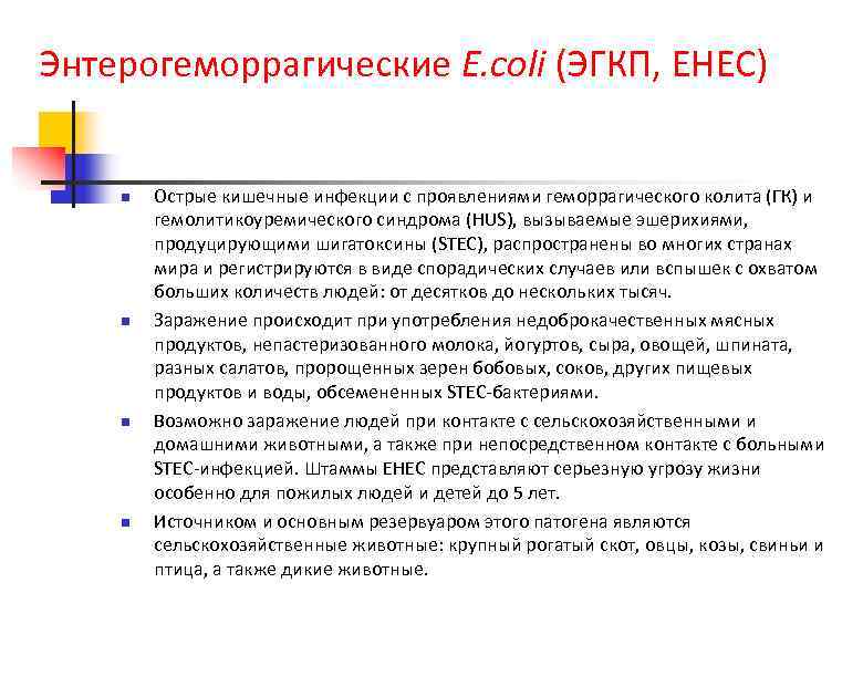 Энтерогеморрагические E. coli (ЭГКП, EHEC) n n Острые кишечные инфекции с проявлениями геморрагического колита