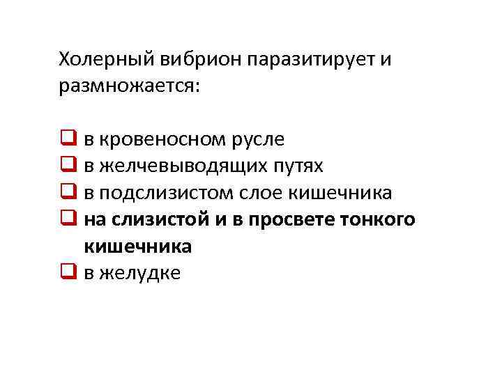 Холерный вибрион паразитирует и размножается: q в кровеносном русле q в желчевыводящих путях q