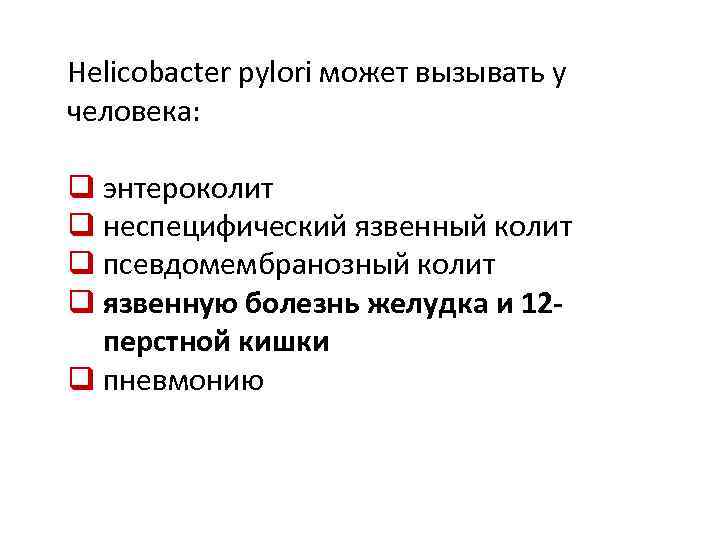 Helicobacter pylori может вызывать у человека: q энтероколит q неспецифический язвенный колит q псевдомембранозный