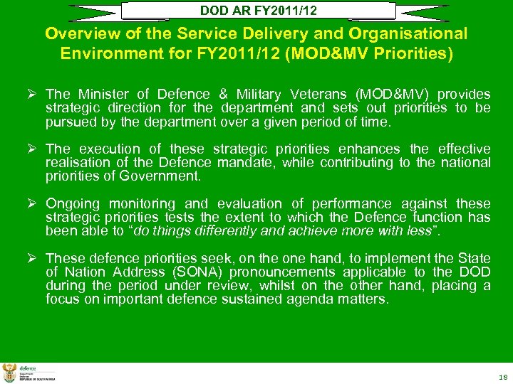 DOD AR FY 2011/12 Overview of the Service Delivery and Organisational Environment for FY