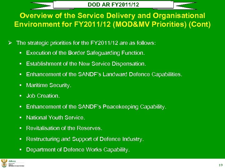 DOD AR FY 2011/12 Overview of the Service Delivery and Organisational Environment for FY