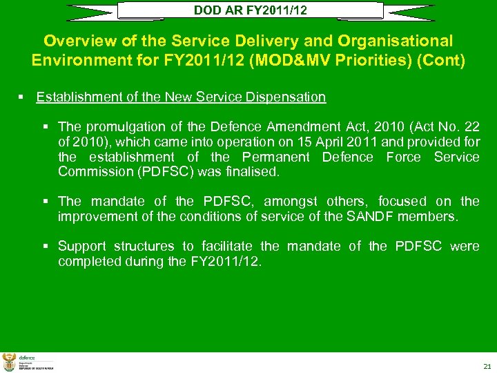 DOD AR FY 2011/12 Overview of the Service Delivery and Organisational Environment for FY