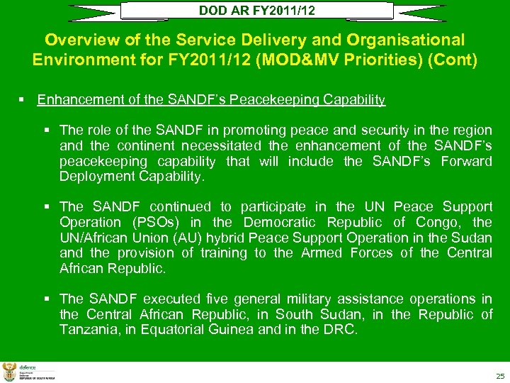 DOD AR FY 2011/12 Overview of the Service Delivery and Organisational Environment for FY