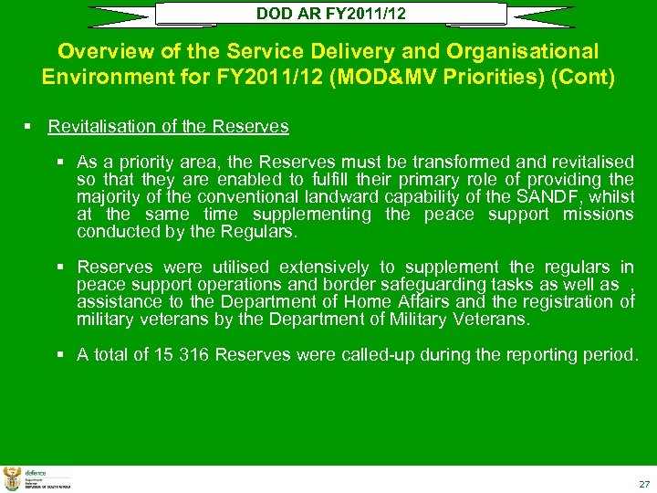 DOD AR FY 2011/12 Overview of the Service Delivery and Organisational Environment for FY