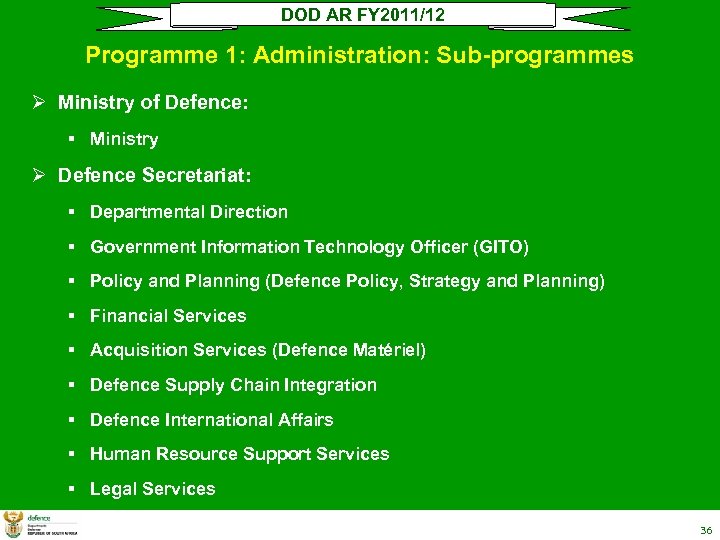 DOD AR FY 2011/12 Programme 1: Administration: Sub-programmes Ø Ministry of Defence: § Ministry