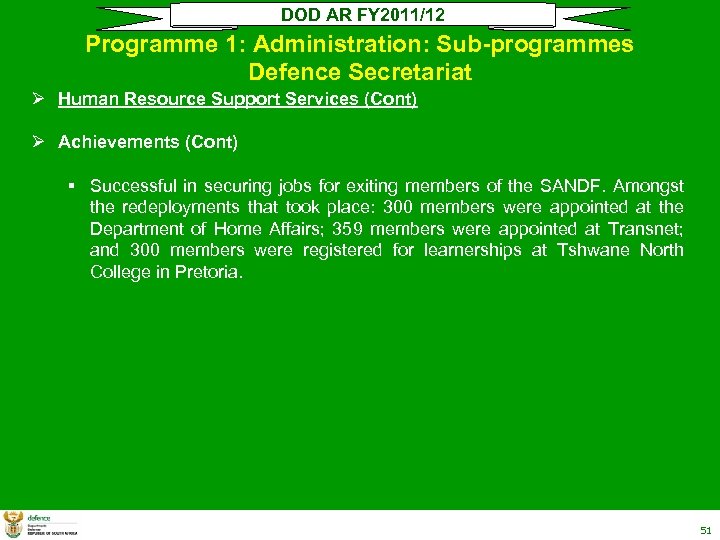 DOD AR FY 2011/12 Programme 1: Administration: Sub-programmes Defence Secretariat Ø Human Resource Support