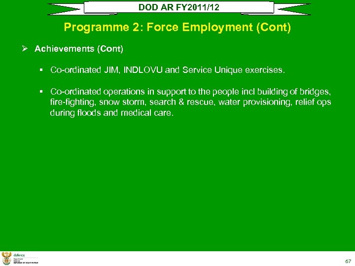 DOD AR FY 2011/12 Programme 2: Force Employment (Cont) Ø Achievements (Cont) § Co-ordinated