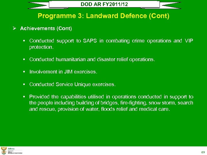 DOD AR FY 2011/12 Programme 3: Landward Defence (Cont) Ø Achievements (Cont) § Conducted