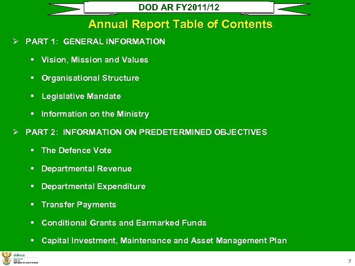 DOD AR FY 2011/12 Annual Report Table of Contents Ø PART 1: GENERAL INFORMATION