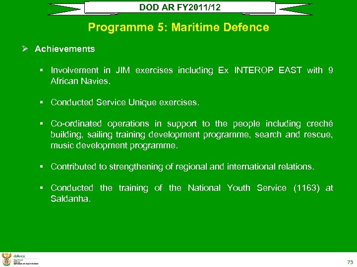 DOD AR FY 2011/12 Programme 5: Maritime Defence Ø Achievements § Involvement in JIM