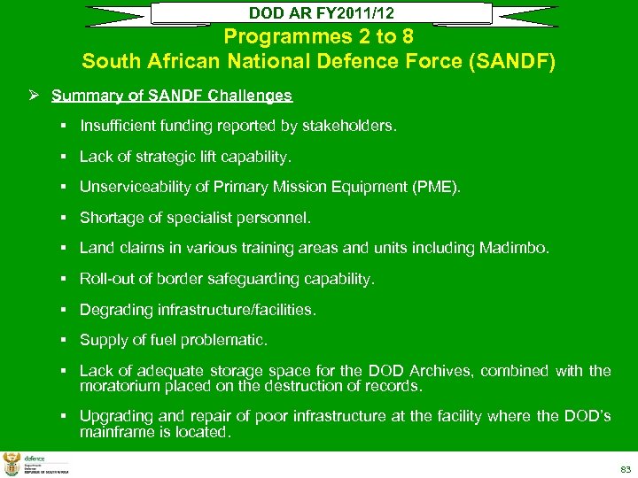 DOD AR FY 2011/12 Programmes 2 to 8 South African National Defence Force (SANDF)