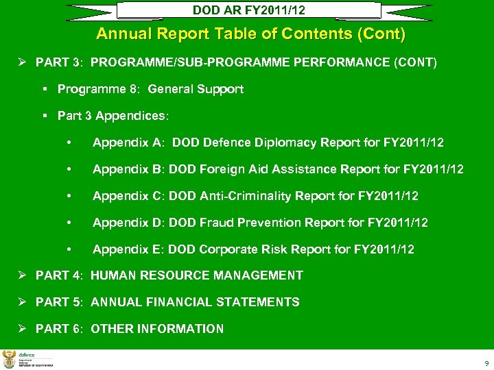 DOD AR FY 2011/12 Annual Report Table of Contents (Cont) Ø PART 3: PROGRAMME/SUB-PROGRAMME