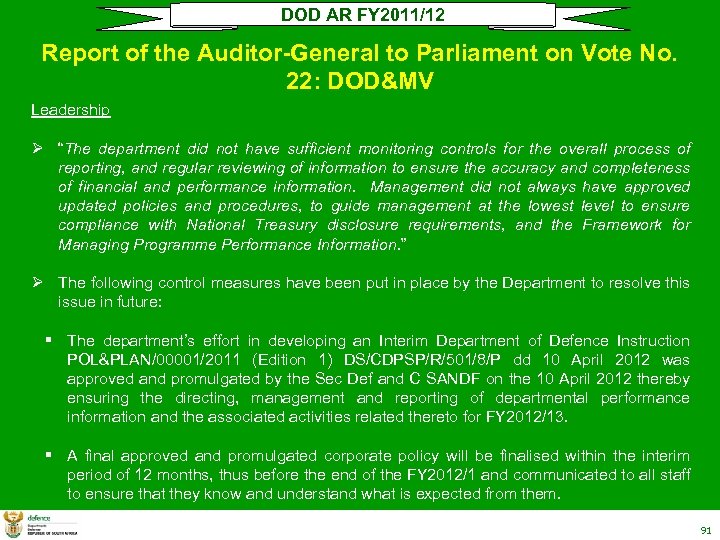 DOD AR FY 2011/12 Report of the Auditor-General to Parliament on Vote No. 22: