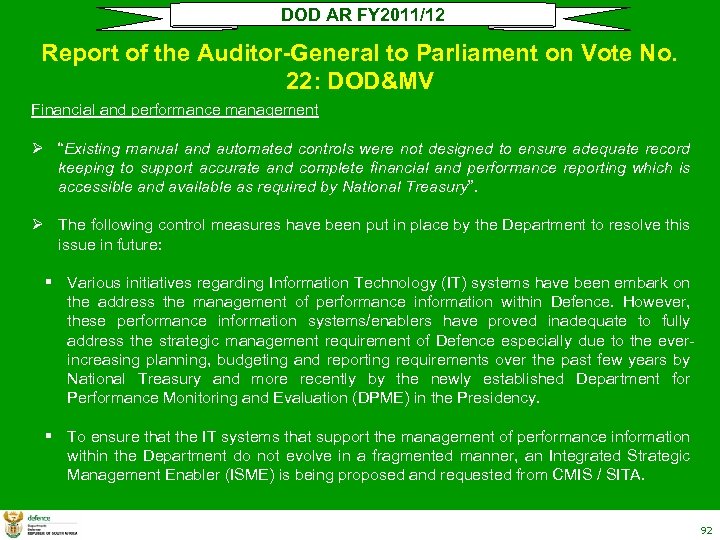 DOD AR FY 2011/12 Report of the Auditor-General to Parliament on Vote No. 22: