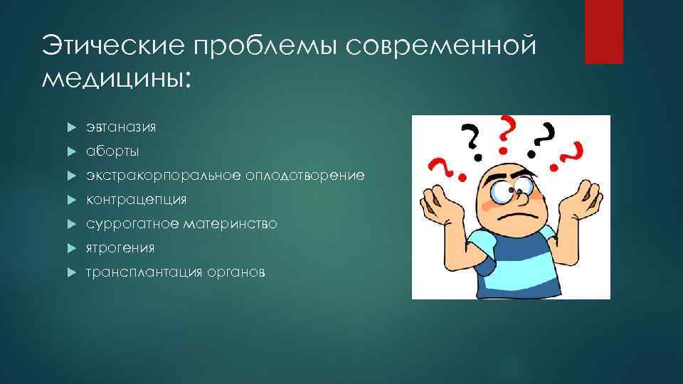 Этические проблемы современной медицины: эвтаназия аборты экстракорпоральное оплодотворение контрацепция суррогатное материнство ятрогения трансплантация органов