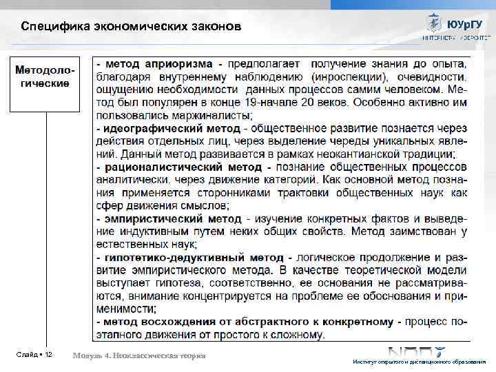 Специфика экономических законов ИСТОРИЯ ЭКОНОМИЧЕСКИХ УЧЕНИЙ Слайд 12 Модуль 4. Неоклассическая теория Институт открытого
