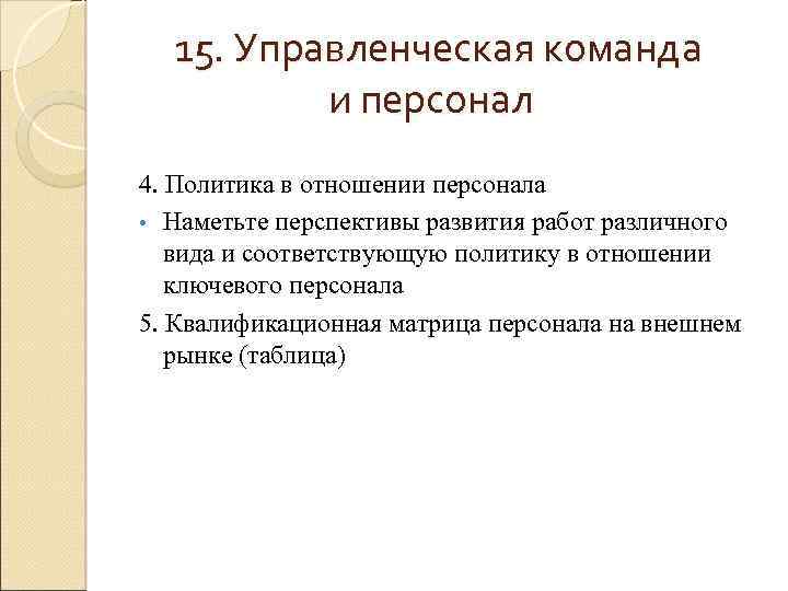 15. Управленческая команда и персонал 4. Политика в отношении персонала • Наметьте перспективы развития