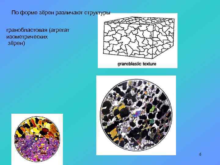 По форме зёрен различают структуры гранобластовая (агрегат изометрических зёрен) 6 