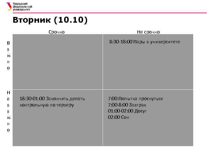 Вторник (10. 10) Срочно 8: 30 -18: 00 Пары в университете В а ж