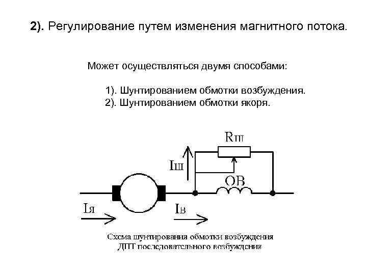 2). Регулирование путем изменения магнитного потока. Может осуществляться двумя способами: 1). Шунтированием обмотки возбуждения.