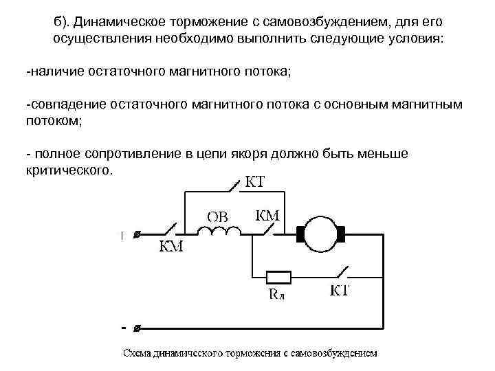 б). Динамическое торможение с самовозбуждением, для его осуществления необходимо выполнить следующие условия: -наличие остаточного