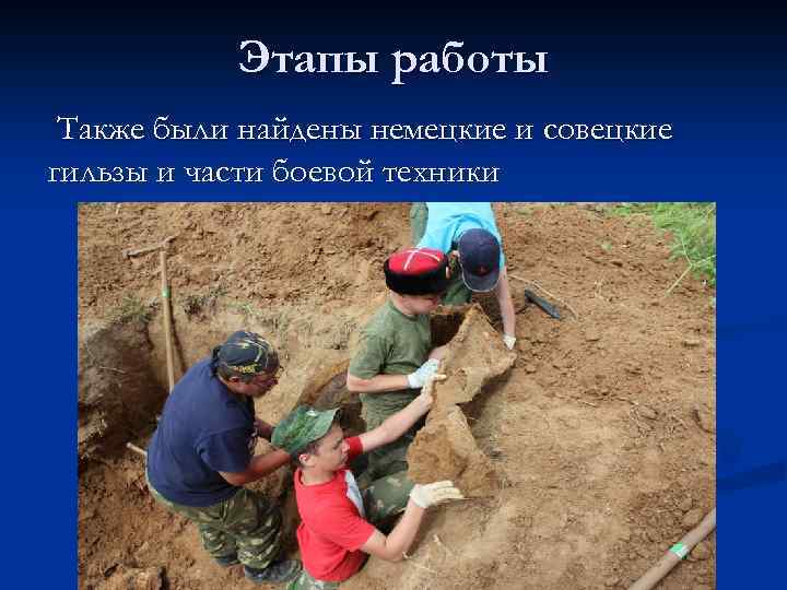 Этапы работы Также были найдены немецкие и совецкие гильзы и части боевой техники 